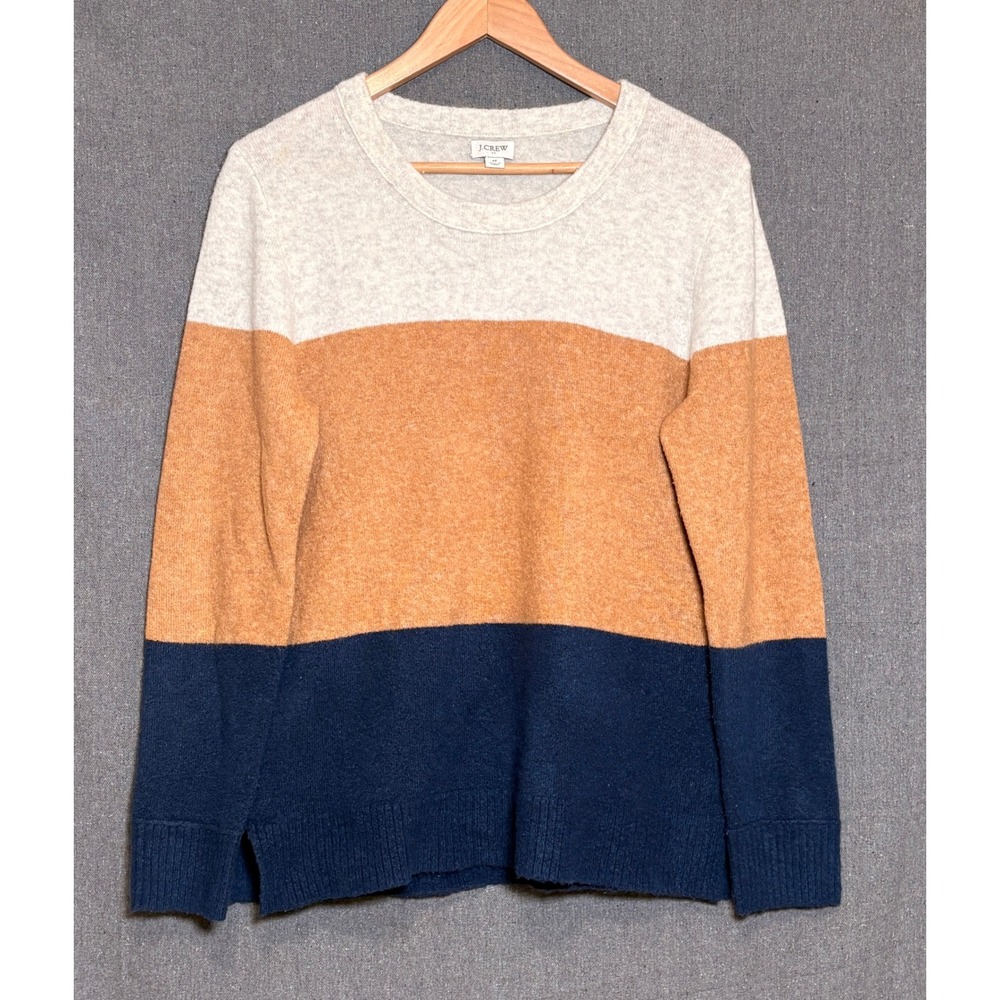 J.Crew Womens Colorblock Crewneck Sweater Wool Blend Navy Brown Cream Size M